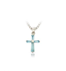 Sterling Silver March Aquamarine Birthstone Baby Cross Necklace - 3/8"