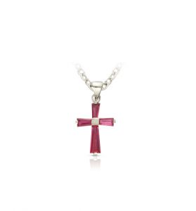 Sterling Silver July Ruby Birthstone Baby Cross - 3/8"