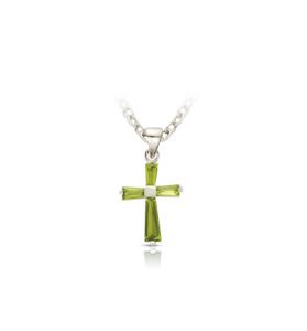 Sterling Silver August Peridot Birthstone Baby Cross - 3/8"