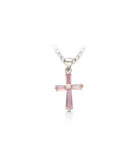 Sterling Silver October Rose Birthstone Baby Cross - 3/8"