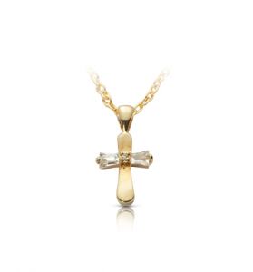 14K Gold Baby Cross in a 
Cubic Zirconia Baquette Stone Design - 1/2"