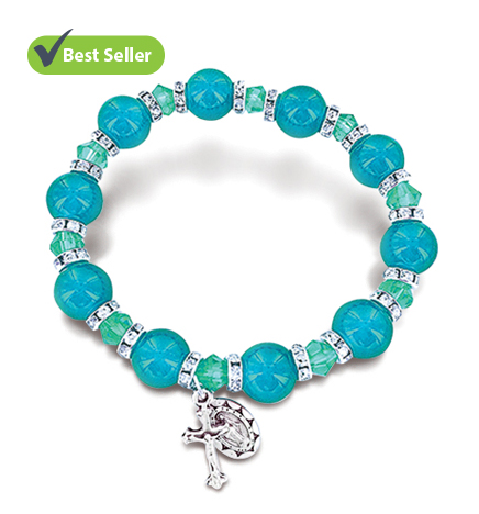 Aqua Colored Glass Bead Stretch Bracelet with Crucifix and Miraculous Charms - 7"