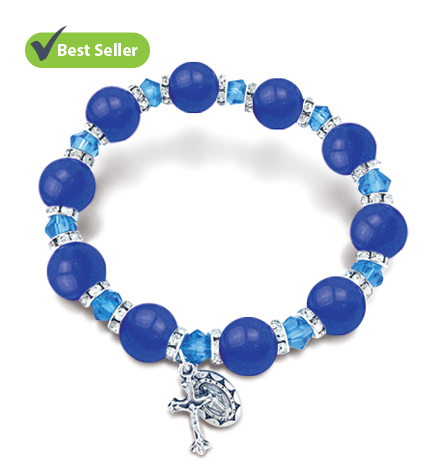 Round Blue Colored Glass Bead Stretch Bracelet with Crucifix and Miraculous Charms - 7"