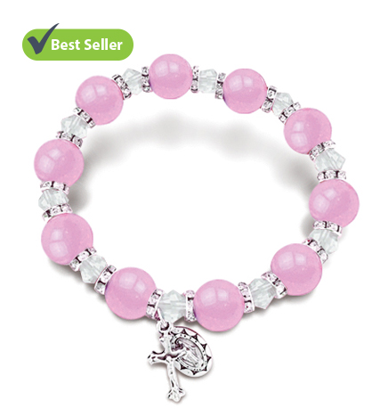 Round Pink Colored Glass Bead Stretch Bracelet with Crucifix and Miraculous Charms - 7"