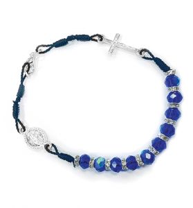 Blue Glass Bead Bracelet with Crucifix & 
Miraculous Charm - 6"