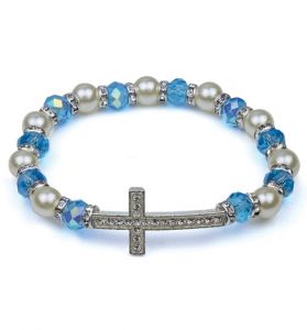 Blue Glass Beads and Imitation Pearl Bracelet with Crystal Cross - 7"