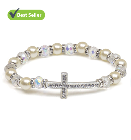 Clear Glass Beads and Imitation Pearl Bracelet with Crystal Cross - 7"