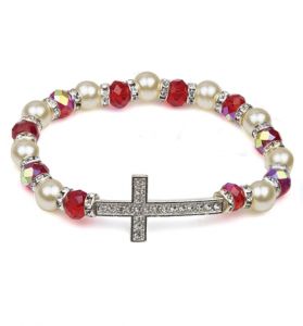 Red Glass Beads and Imitation Pearl Bracelet with Crystal Cross - 7"