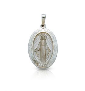 14K White Gold Oval Miraculous Medal in a Polished Border Finish - 1"pendant