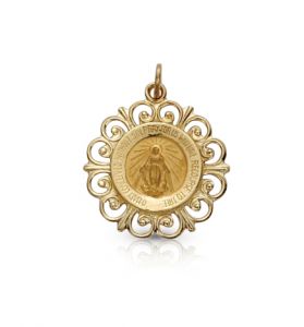 14K Gold Round Filigree Miraculous Medal in a Polished Border Finish - 3/4" [1]