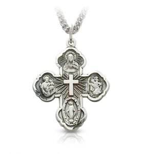 Sterling Silver Four-Way Medal with Cross - 7/8" 