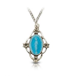 Sterling Silver Blue Enameled Filigree Oval Miraculous Medal - 7/8"