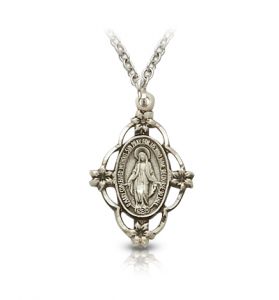 Sterling Silver Filigree Miraculous Medal with Antique Finish - 7/8"