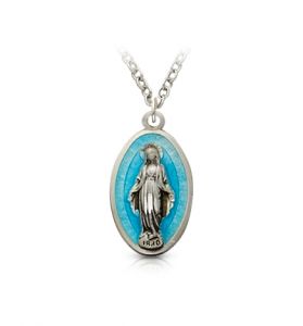 Sterling Silver Blue Enameled Miraculous Medal Necklace - 3/4"