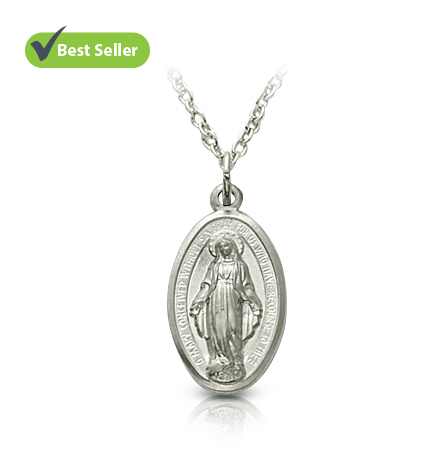 Sterling Silver Oval Engraved Miraculous Medal - 3/4"