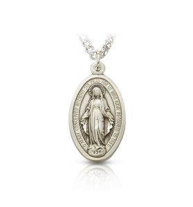 Sterling Silver Satin Oval Miraculous Medal - 15/16"