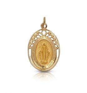 14K Gold Oval Filigree Miraculous Medal in a Polished Border Finish - 5/8"