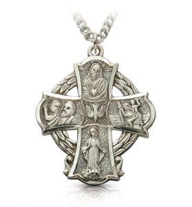 Sterling Silver Wreath Cross Five Way Medal - 1 1/4"