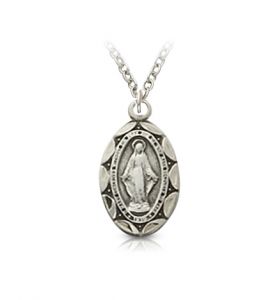 Sterling Silver Oval Miraculous Medal 
in a Satin Finish - 9/16"