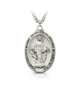 Sterling Silver Oval Miraculous Medal in a Satin Finish - 7/8"