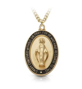 18K Gold Plated Over Sterling Silver Oval Black Bordered Miraculous Medal - 15/16"