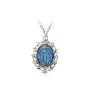 Sterling Silver Blue Enameled Oval 
Miraculous Medal - 5/8"