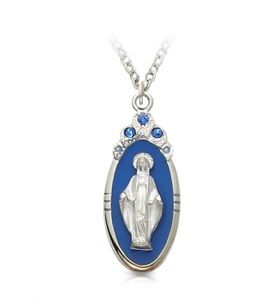 Sterling Silver Sapphire Stones Oval Miraculous Medal - 1"