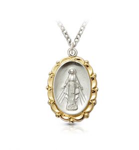 Two-Tone Sterling Silver Decorative Border Oval Miraculous Medal - 13/16"