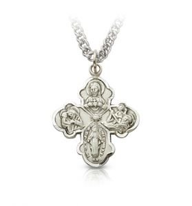 Sterling Silver Satin Engraved Antique Clover Five Way Medal - 13/16"