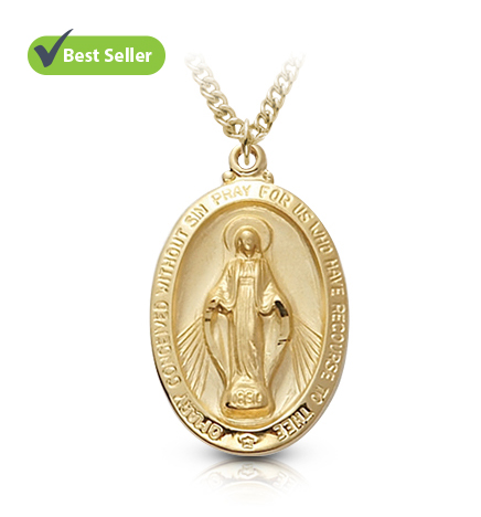 14K Gold Plated Over Sterling Silver Oval Miraculous Medal - 1 1/8"