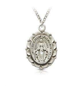 Sterling Silver Decorative Border Oval Miraculous Medal - 5/8"