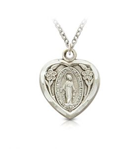 Sterling Silver Heart Shaped Miraculous Medal - 9/16"