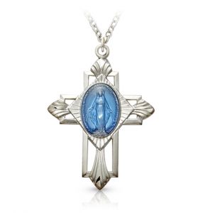 Sterling Silver Blue Enameled Miraculous Medal Cross - 13/16"