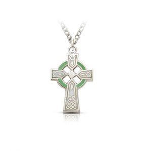 Sterling Silver Celtic Cross with Green Enamel Detail- 3/4"