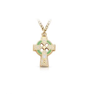 10K Gold Filled Celtic Cross with Green Enamel Detail Cross Necklace - 9/16"