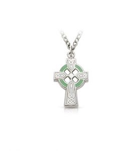 Sterling Silver Celtic Cross with Green Enamel Detail Cross Necklace  - 9/16"