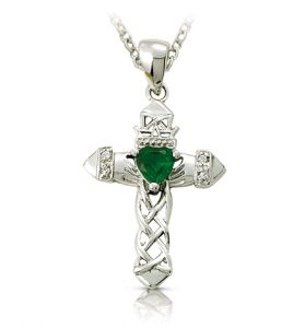 Sterling Silver Claddagh with Green Stone Center Cross Necklace - 1 1/16"