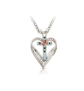 Sterling Silver Enameled Filigree Cross and Heart Necklace - 11/16" [1]