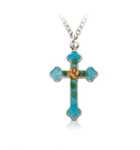 Sterling Silver Enameled Rose and Budded Ends Cross Necklace - 7/8"