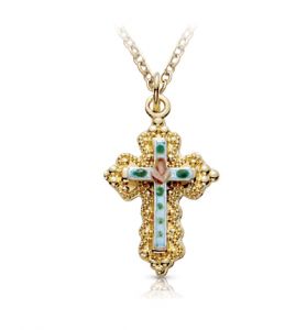 18K Gold Plated Over Sterling Silver Enameled Rose Filigree Cross Necklace - 7/8"