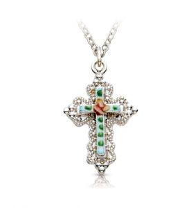 14K Sterling Silver Enamel Rose Filigree Cross Necklace - 7/8"