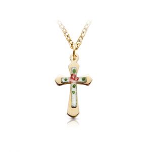 18K Gold Plated Over Sterling Silver Enameled Rose and Pointed Ends Cross Necklace - 11/16"