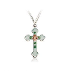 Sterling Silver Enamel Rose & Budded Ends Cross Necklace - 7/8"