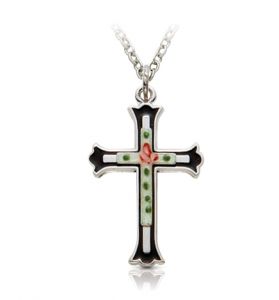 Sterling Silver Enameled Rose Cross on Budded Ends Cross Necklace - 1"