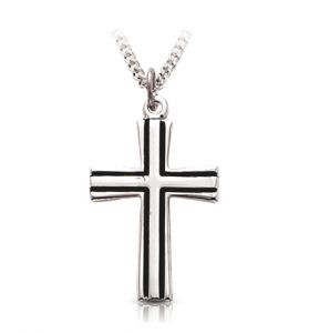 Sterling Silver Flared Cross with Black Enamel Detailing Necklace - 1"