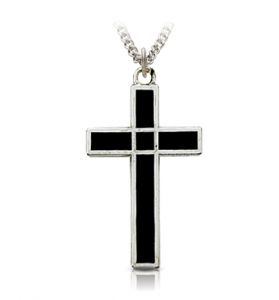 Sterling Silver Black Enameled Silver Border Cross Necklace - 1"