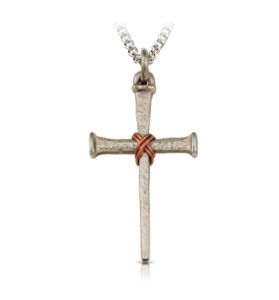 Sterling Silver Nail with Copper Center and Diamond Engraved Ends Cross Necklace - 1"