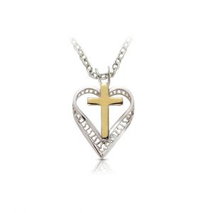 Sterling Silver Two-Tone Cross and 
Heart Necklace