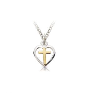 Sterling Silver Two-Tone Cross with Heart Necklace