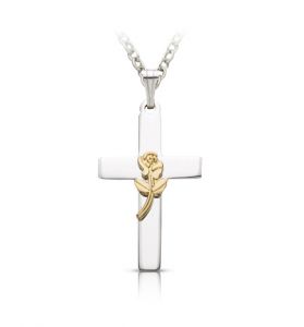 Sterling Silver Two-Tone Rose on Cross Necklace